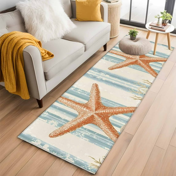 Coastal Starfish Kitchen Runner Rug 2x6 Washable Runners for Hallway Non Slip Ocean Watercolor Coral Stripe Large Area Rug Indoor Floor Carpet for Bathroom Laundry Entryway Bedroom Living Room