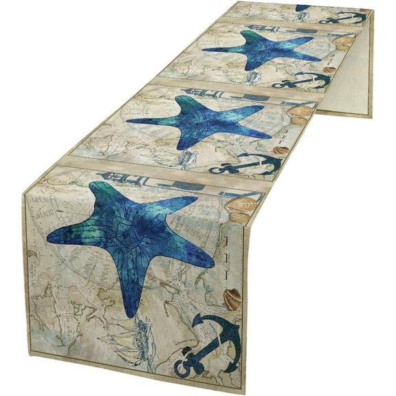 Coastal Starfish Kitchen Table Runner Nautical Beach Seaside Ocean Blue Gray Table Runner Decor for Wedding Party Holiday Dinner Home 13x90 Inch