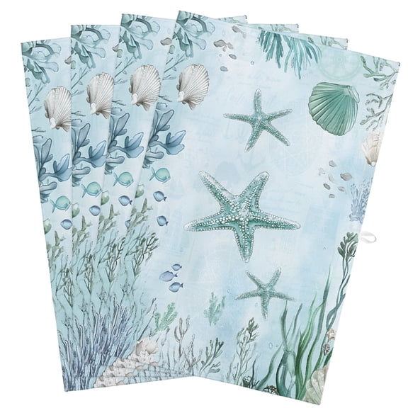 Coastal Starfish Kitchen Towels, Absorbent Microfiber Kitchen Dish Hand Tea Bath Towel, Nautical Coral Tropical Fish Seashells Quick Dry Cleaning Cloth Dishclothes Decorative Sets, (4-PC, 18x28)