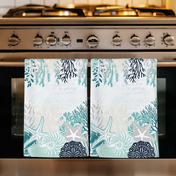 Coastal Starfish Kitchen Towels Set of 2, Ocean Weeping Coral Beach Conch Turquoise Absorbent Dish Towels for Kitchen, Microfiber Hand Towel, Quick Drying Tea Towel for Cleaning Decorative Dishcloths