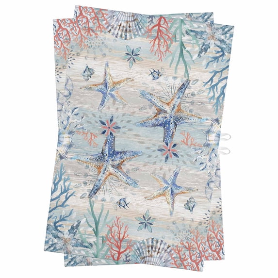 Coastal Starfish Kitchen Towels Set of 2, Water Absorbent Dish Towel, Blue Nautical Coral Seashell Wooden Decorative Hand Towels - Quick Drying Cloth for Cooking Baking, 18x28 Inch