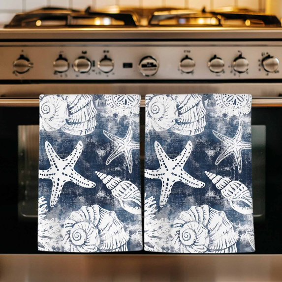 Coastal Starfish Kitchen Towels Set of 3, Ocean Conch Nautical Navy Oil Paint Coral Absorbent Dish Towels for Kitchen, Microfiber Hand Towel, Quick Drying Tea Towel for Cleaning Decorative Dishcloths