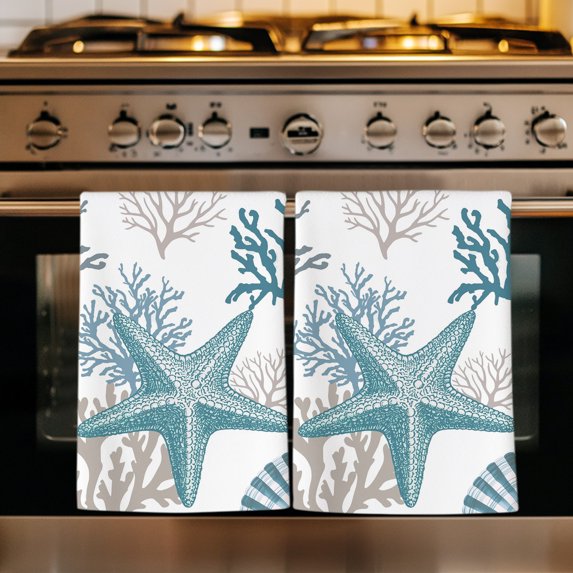 Coastal Starfish Kitchen Towels Set of 4, Blue Ocean Coral Conch Beach Nautical Absorbent Dish Towels for Kitchen, Microfiber Hand Towel, Quick Drying Tea Towel for Cleaning Decorative Dishcloths