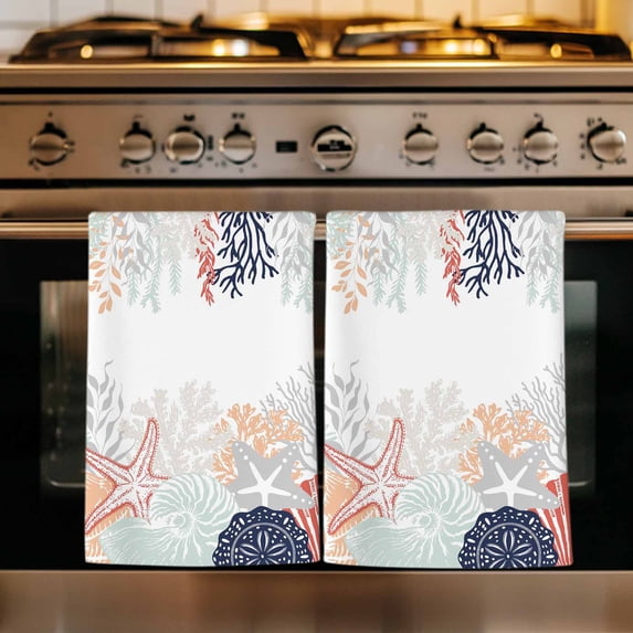Coastal Starfish Kitchen Towels Set of 4, Ocean Weeping Coral Beach Conch Orange Absorbent Dish Towels for Kitchen, Microfiber Hand Towel, Quick Drying Tea Towel for Cleaning Decorative Dishcloths