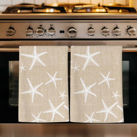 Coastal Starfish Kitchen Towels Set of 4, Summer Ocean Waves Ombre Sea Beige Absorbent Dish Towels for Kitchen, Microfiber Hand Towel, Quick Drying Tea Towel for Cleaning Decorative Dishcloths