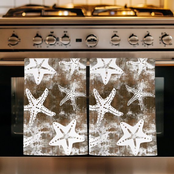 Coastal Starfish Kitchen Towels Set of 4, Vintage Country Ocean Life Tie-dye Brown Absorbent Dish Towels for Kitchen, Microfiber Hand Towel, Quick Drying Tea Towel for Cleaning Decorative Dishcloths