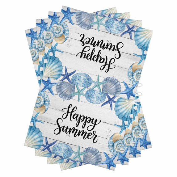 Coastal Starfish Kitchen Towels Set of 4, Water Absorbent Dish Towel, Summer Ocean Sea Shells Conch Wood Gray Decorative Hand Towels - Quick Drying Cloth for Cooking Baking, 18x28 Inch