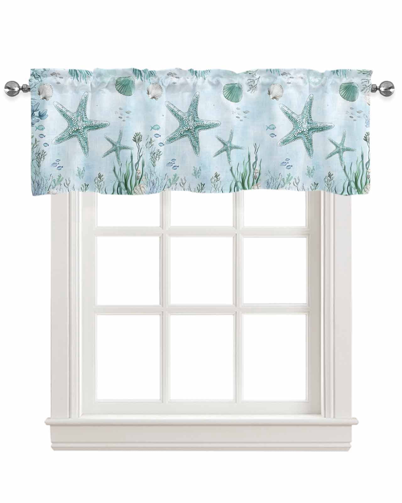 Coastal Starfish Kitchen Valances for Windows Farmhouse Linen Window Valance Curtain for Living Room Window Treatment Nautical Coral Tropical Fish Seashells Valance Rod Pocket Topper, 42 x 18 Inch