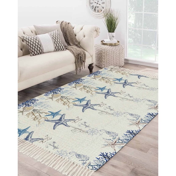 Coastal Starfish Large Area Rug 4x6ft Woven Runner Rug,Nautical Coral Ship Anchor Rudder Washable Living Room Bedroom Kitchen Bathroom Classroom Carpet with Tassels,Indoor Outdoor Throw Door Mat