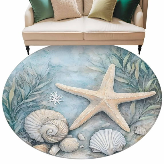Coastal Starfish Large Area Rugs for Bedroom Living Room, Soft Non Slip Carpet Bedside Rug, Beach Summer Starfish Nautical Shell Blue Round Floor Cover Kitchen Accent Rug 7' for Dining Room/Office