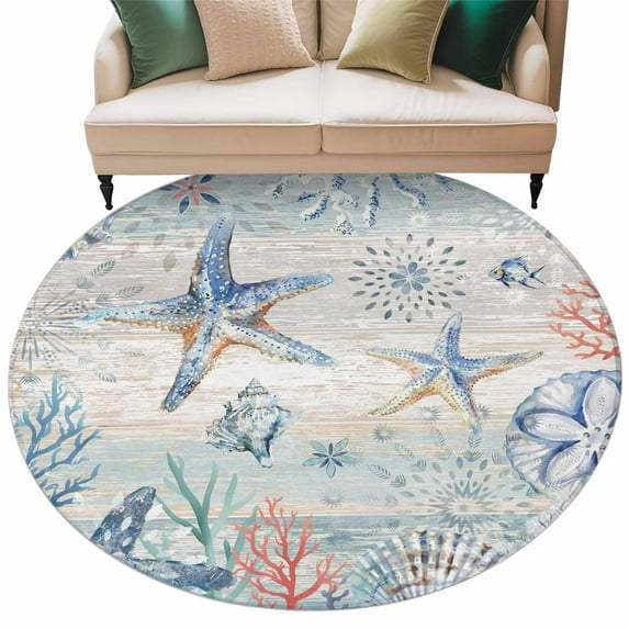Coastal Starfish Large Area Rugs for Bedroom Living Room, Soft Non Slip Carpet Bedside Rug, Blue Nautical Coral Seashell Wooden Round Floor Cover Kitchen Accent Rug 5' for Dining Room/Office