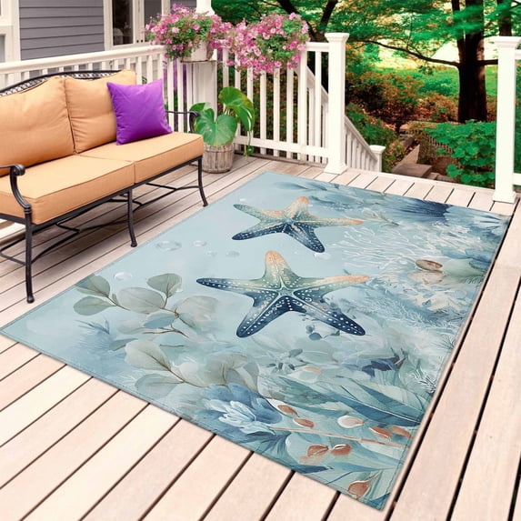 Coastal Starfish Outdoor Rug 3x5 Ft, Non Slip Washable Area Rug, Nautical Ocean Creature Eucalyptus Leaf Patio Rugs Carpet Runner, Large Floor Mat for Indoor/Outdoor Deck Porch Camping