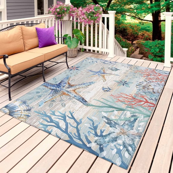 Coastal Starfish Outdoor Rug for Patio/Deck/Porch, Non-Slip Large Area Rug 4 x 6 Ft, Blue Nautical Coral Seashell Wooden Indoor Outdoor Rugs Washable Area Rugs, Reversible Camping Rug Carpet Runner