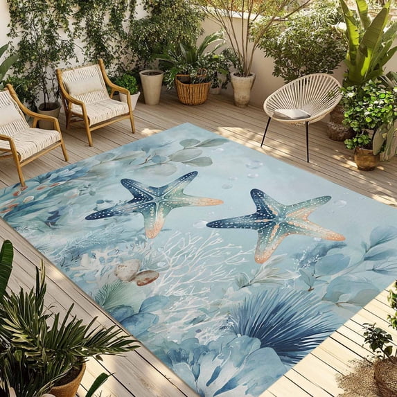 Coastal Starfish Outdoor Rug for Patio/Deck/Porch, Non-Slip Large Area Rug 4 x 6 Ft, Nautical Ocean Creature Eucalyptus Leaf Indoor Outdoor Rugs Washable Area Rugs, Camping Rug Carpet Runner