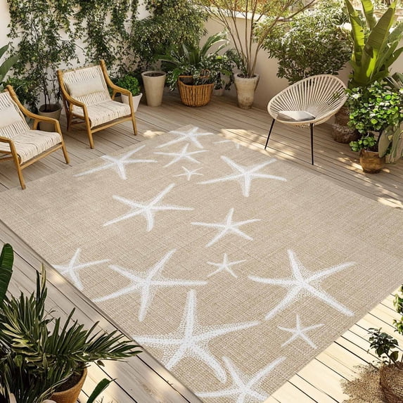 Coastal Starfish Outdoor Rug for Patio/Deck/Porch, Non-Slip Large Area Rug 5 x 7 Ft, Summer Ocean Waves Ombre Sea Beige Indoor Outdoor Rugs Washable Area Rugs, Reversible Camping Rug Carpet Runner