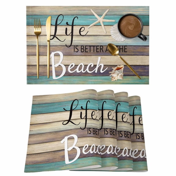 Coastal Starfish Placemats Set of 12 Farmhouse Nautical Conch Seashell Wood Place Mats Indoor Wipeable Table Mats Washable Cloth Dining Table Placemats for Kitchen Holiday Party Home Decor 13x19 Inch