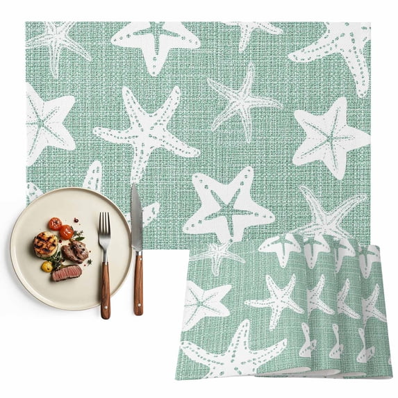 Coastal Starfish Placemats Set of 4, Mint Green Nautical Vintage Marine Life Washable Wipeable Table Mats for Dining Tables, Indoor Outdoor Kitchen Place Mats for Holiday Party Table Decor