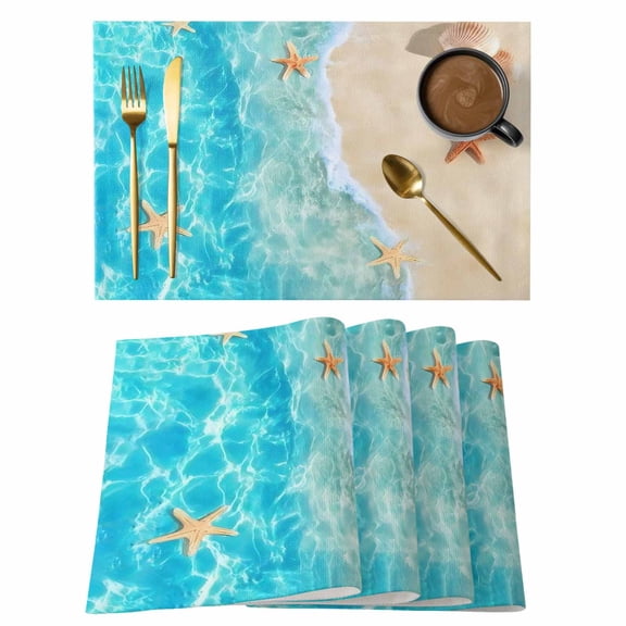Coastal Starfish Placemats Set of 4 Nautical Seaside Ocean Beach Seashells Place Mats Indoor Wipeable Table Mats Washable Cloth Dining Table Placemats for Kitchen Holiday Party Home Decor 13x19 Inch