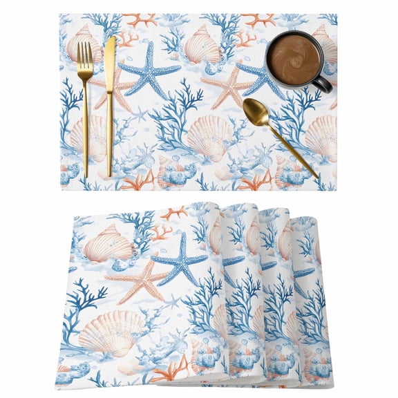 Coastal Starfish Placemats Set of 4 Ocean Coral Seashell Conch Watercolor Place Mats Indoor Wipeable Table Mats Washable Cloth Dining Table Placemats for Kitchen Holiday Party Home Decor 13x19 Inch