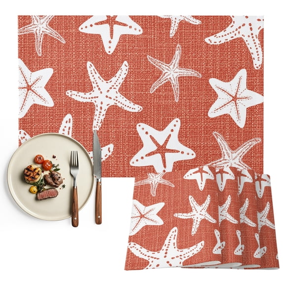 Coastal Starfish Placemats Set of 4, Terracotta Red Nautical Vintage Marine Life Washable Wipeable Table Mats for Dining Tables, Indoor Outdoor Kitchen Place Mats for Holiday Party Table Decor