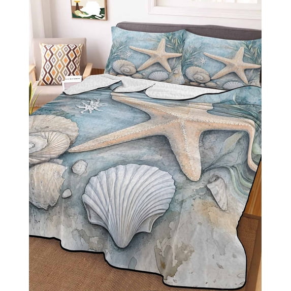 Coastal Starfish Queen Size Down Alternative Comforter,Lightweight Comforter Quilt Bedding Set with Pillow Shams Beach Summer Starfish Nautical Shell Blue Bed Comforter Duvet Insert 90"x96"