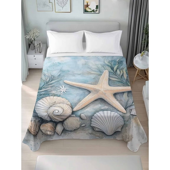 Coastal Starfish Queen Size Flat Sheet, Wrinkleproof & Fadeproof Cooling Flat Bed Sheet Only, Beach Summer Starfish Nautical Shell Blue Breathable Soft Bedding Top Sheets 90 x 102 Inches