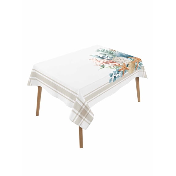 Coastal Starfish Rectangle Tablecloth, Nautical Shells Coral Eucalyptus Stripes Waterproof & StainResistant Tablecloth, Washable Oil-proof Table Cover for Dining/Party/Wedding/Camping/Buffet 52x70 In