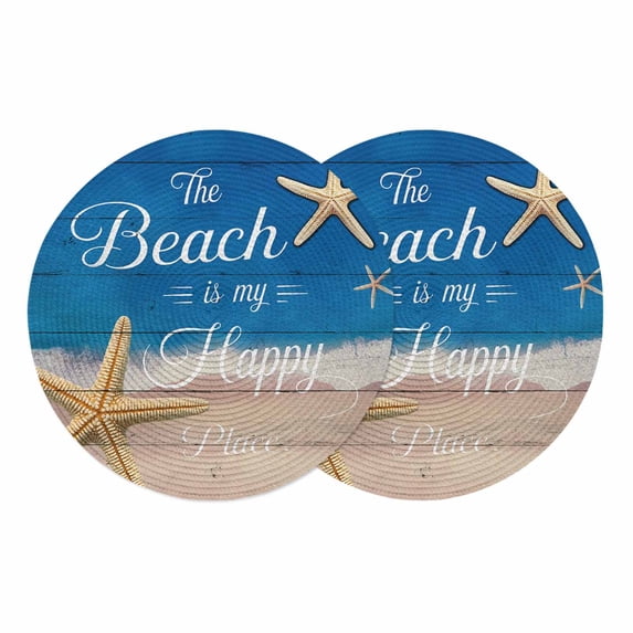 Coastal Starfish Round 13 Inch Placemats Set of 2, Beach Ocean Nautical Wooden Grain HeatResistant Non Slip Place Mats for Dining Table, Wipeable Braided Kitchen Table Mats for Housewarming