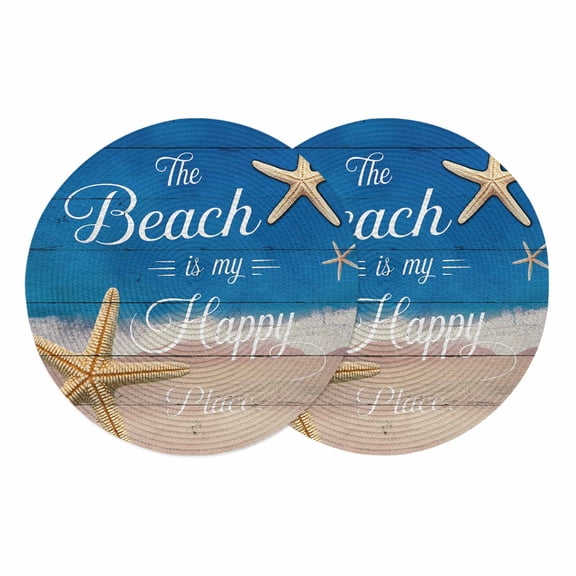 Coastal Starfish Round 13 Inch Placemats Set of 2, Beach Ocean Nautical Wooden Grain HeatResistant Non Slip Place Mats for Dining Table, Wipeable Braided Kitchen Table Mats for Housewarming