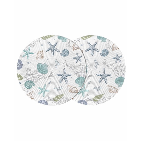 Coastal Starfish Round 13 Inch Placemats Set of 2, Ocean Coral Shell Beach Marine Life HeatResistant Non Slip Place Mats for Dining Table, Wipeable Braided Kitchen Table Mats for Housewarming