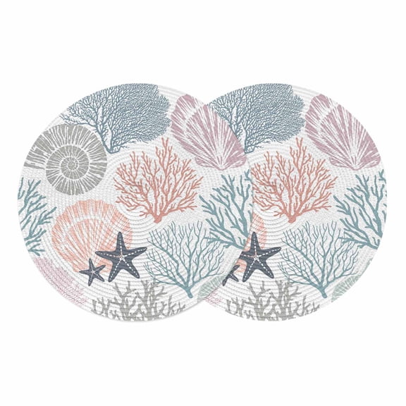 Coastal Starfish Round 13 Inch Placemats Set of 2, Ocean Multicolor Coral Shell Conch HeatResistant Non Slip Place Mats for Dining Table, Wipeable Braided Kitchen Table Mats for Housewarming