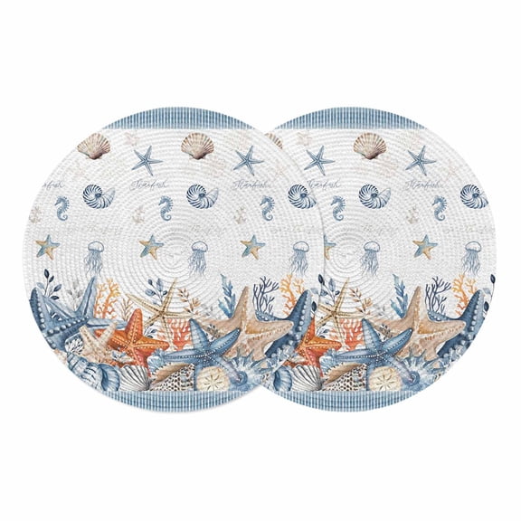 Coastal Starfish Round 13 Inch Placemats Set of 2, Orange Blue Summer Beach Coral Shell Nautical HeatResistant Non Slip Place Mats for Dining Table, Wipeable Kitchen Table Mats for Housewarming