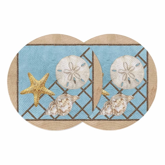 Coastal Starfish Round 13 Inch Placemats Set of 2, Summer Ocean Conch Vintage Brown Rope HeatResistant Non Slip Place Mats for Dining Table, Wipeable Braided Kitchen Table Mats for Housewarming
