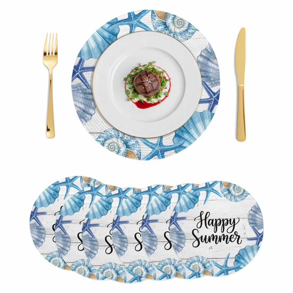 Coastal Starfish Round 13 Inch Placemats Set of 6, Summer Ocean Sea Shells Conch Wood Gray HeatResistant Non Slip Place Mats for Dining Table, Wipeable Braided Kitchen Table Mats for Housewarming