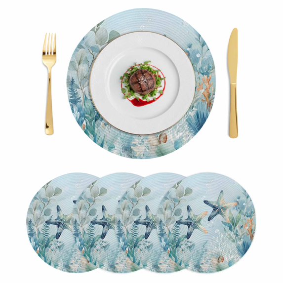 Coastal Starfish Round 15 Inch Placemats Set of 4, Nautical Ocean Creature Eucalyptus Leaf HeatResistant Non Slip Place Mats for Dining Table, Wipeable Braided Kitchen Table Mats for Housewarming