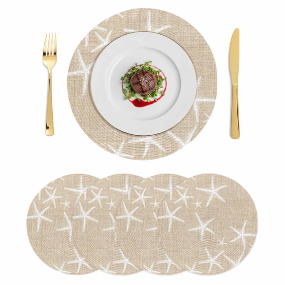 Coastal Starfish Round 15 Inch Placemats Set of 4, Summer Ocean Waves Ombre Sea Beige HeatResistant Non Slip Place Mats for Dining Table, Wipeable Braided Kitchen Table Mats for Housewarming