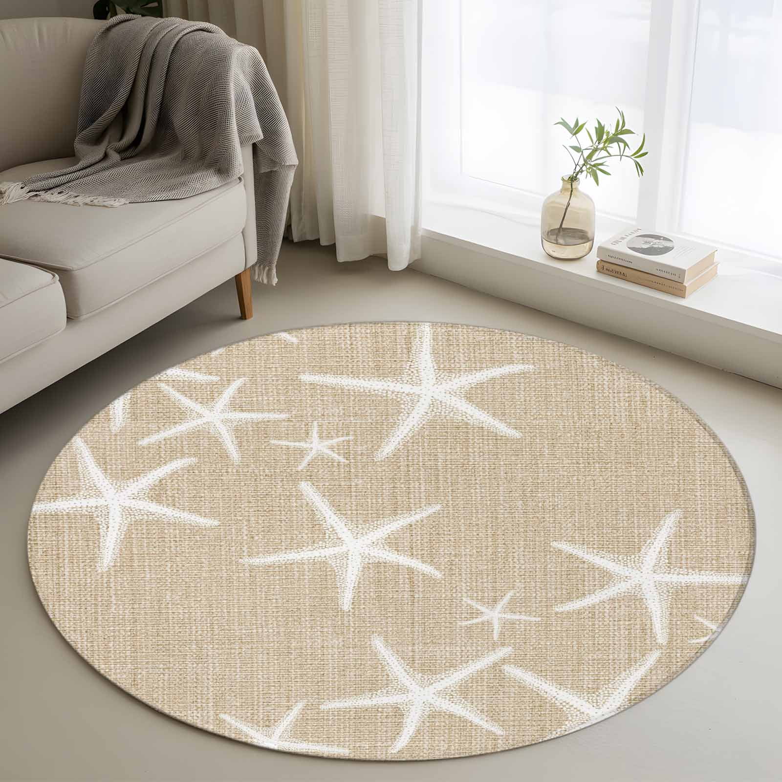 Coastal Starfish Round Area Rug 3.3Ft Washable Circle Rugs for Dining Room Table, Summer Ocean Waves Ombre Sea Beige Non-Slip Carpet Floor Mats Indoor Outdoor Carpet Runner Aesthetic Home Decor