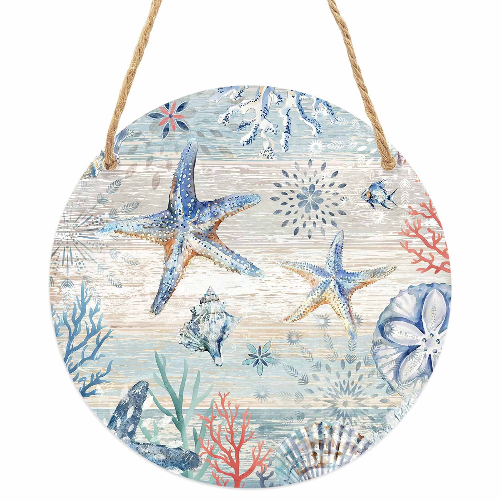 Coastal Starfish Round Front Door Welcome Sign, 5.9 Inch Wall Hanging ...