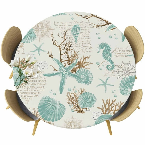 Coastal Starfish Round Tablecloth 55-60 Inch Round Fitted Table Cloth with Elastic Edge, Farmhouse Nautical Seahorse Conch Waterproof Table Cover Protector for Outdoor Picnic Party Dining