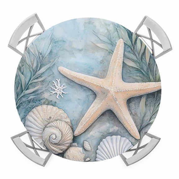 Coastal Starfish Round Tablecloth for 55-60 Inch Tables,Fitted Table Cover with Elastic Edge,Beach Summer Starfish Nautical Shell Blue Waterproof Outdoor Table Cloth Protector for Patio Garden Dinner
