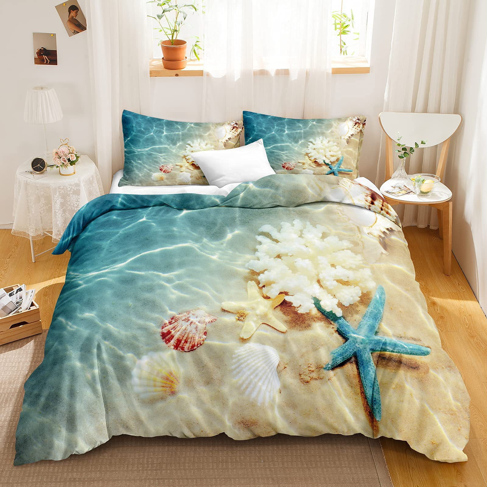 Coastal Starfish Seashell Bedding Set Queen Size Comforter Set Sea
