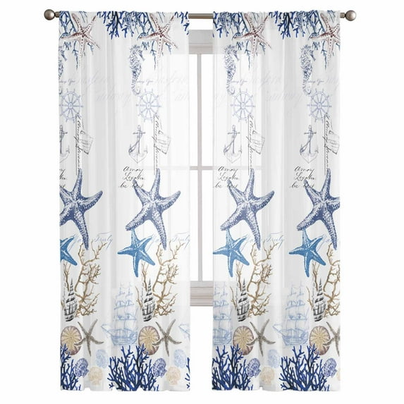 Coastal Starfish Semi Sheer Curtains 108 Inch Length 2 Panels Set, Nautical Coral Ship Anchor Rudder Sheer Kitchen Curtain Privacy Voile Window Curtain for Living Room Bedroom Rod Pocket Drapes