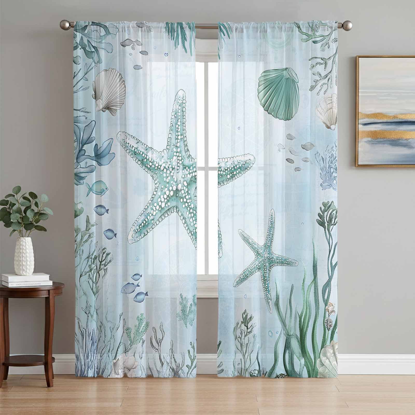 Coastal Starfish Semi Sheer Curtains 108 Inch Length 2 Panels Set ...
