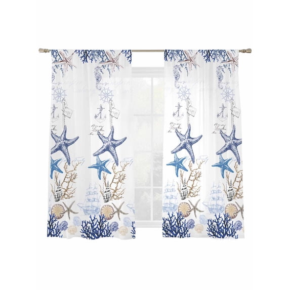 Coastal Starfish Sheer Curtains 72 Inch Length 2 Panels Set, Semi Transparent Voile Rod Pocket Curtains for Living Dining Room Bedroom Drapes Nautical Coral Ship Anchor Rudder