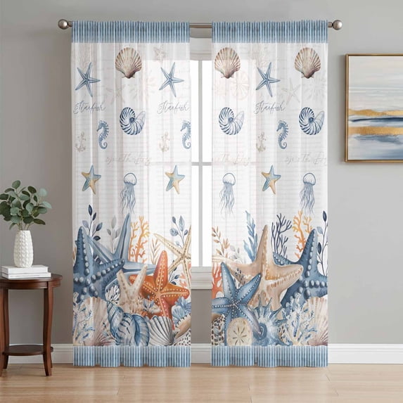 Coastal Starfish Sheer Curtains 84 Inch Length 2 Panels Set, Orange Blue Summer Beach Coral Shell Nautical Voile Window Treatment Curtains Sheers Drapes for Bedroom/Living Room/Kitchen 52"x84"x2