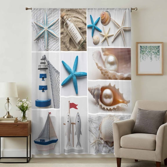 Coastal Starfish Sheer Curtains 84 Inches Long for Living Room, Beach Lighthouse Conch Shell Ocean Pearl Light Filtering Privacy Drapes, Breathable Semi Sheer Window Treatment for Bedroom Dining Room