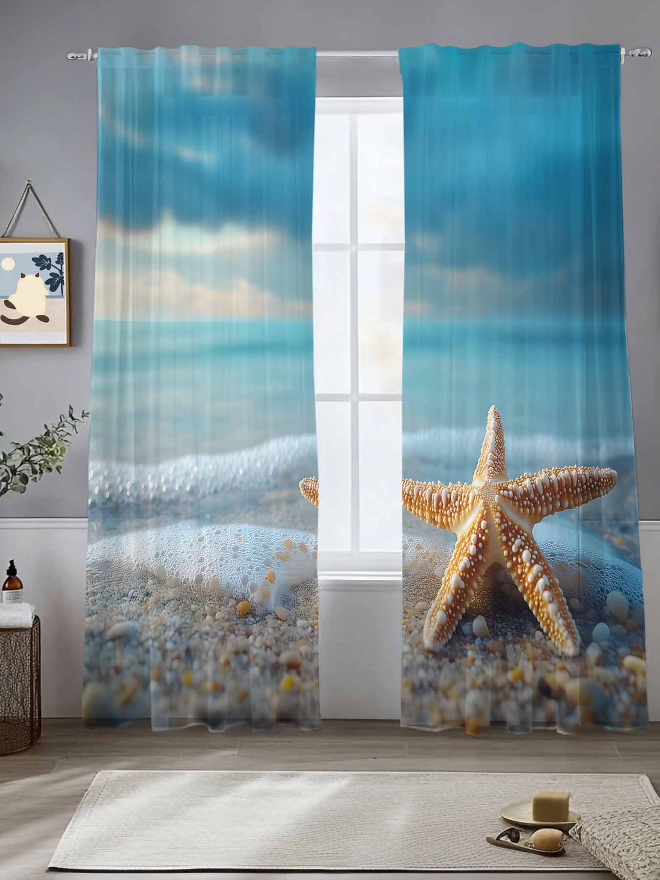 Coastal Starfish Sheer Curtains for Living Room Bedroom Modern Beach