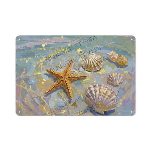 Coastal Starfish and Shells Metal Tin Sign  8x12 Inch Ocean-Inspired Wall Dcor for Living Room, Bathroom, Porch  Perfect Beach House Gift for Ocean Enthusiasts