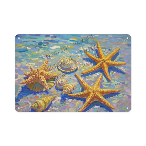 Coastal Starfish & Shells Tin Sign 8x12 Inch Metal Wall Dcor for Living Room, Bedroom, Bathroom, Porch Perfect Beach House Gift for Ocean Lovers