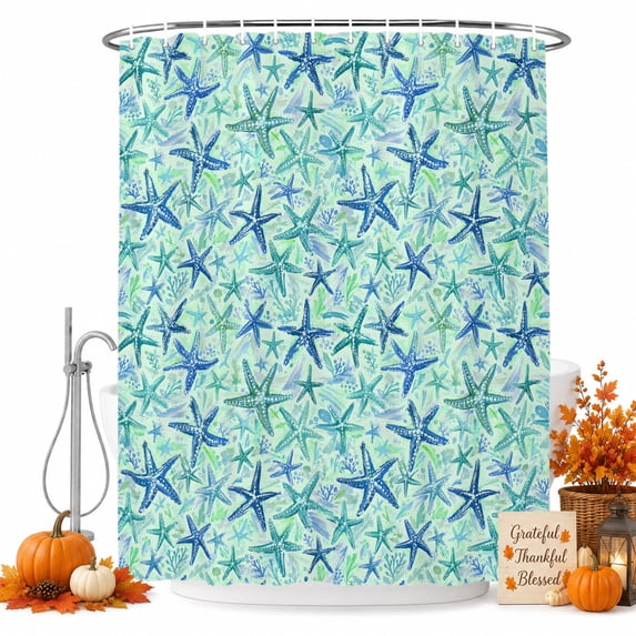 Coastal Starfish Shower Curtain, Waterproof Shower Curtains for Bathroom, Blue Green Ocean Nautical Marine Life Washable Fabric Bathtub Curtain Set Bath Decor with 12 Hooks 48"x72"